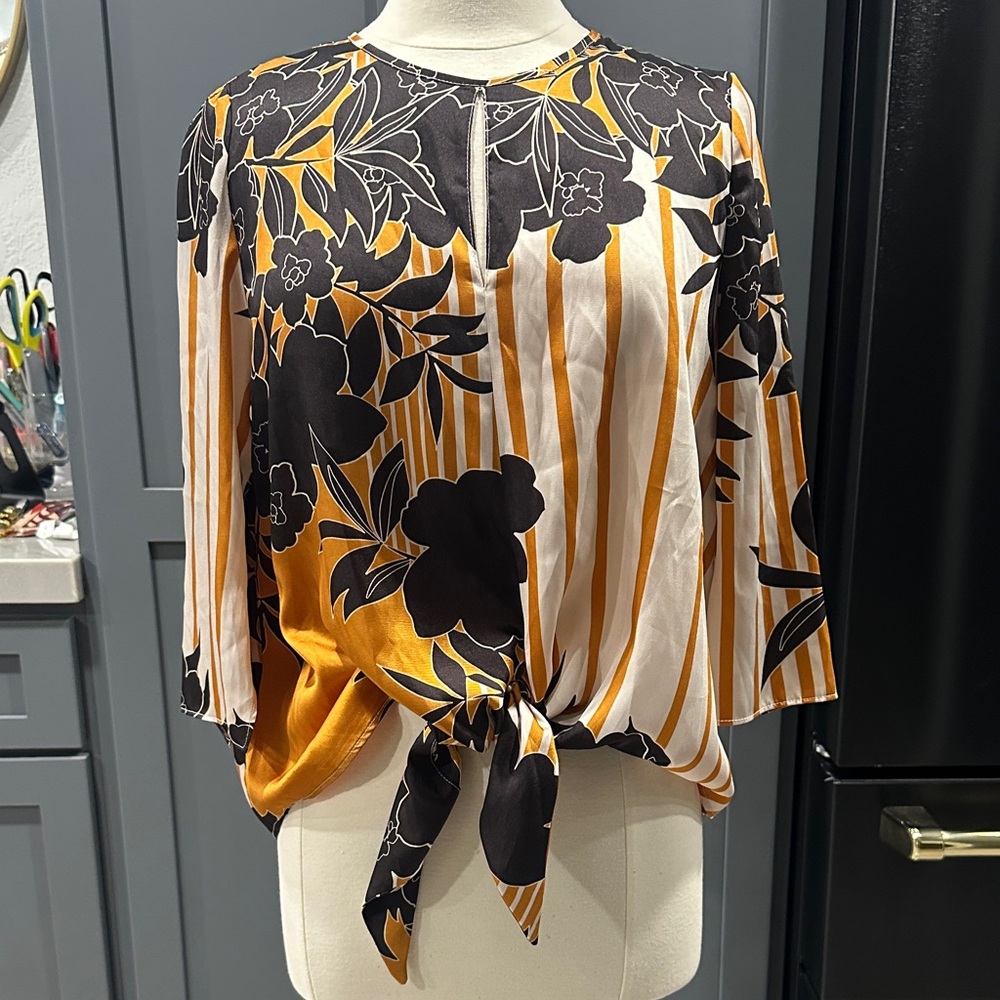 River Island Black and Orange Tie Front Floral Blouse